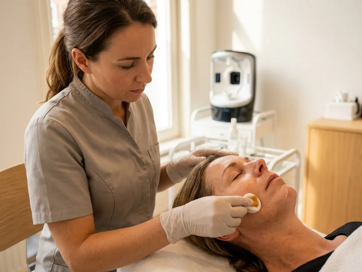 Huidtherapeut brengt vakkundig een medische peeling aan bij De Huidzorgkliniek