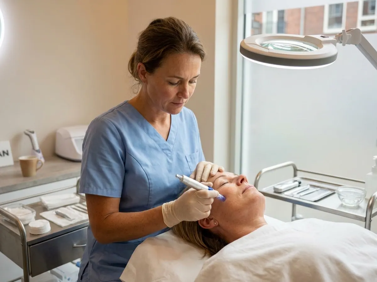 Huidtherapeut voert een nauwkeurige gezichtsbehandeling uit bij De Huidzorgkliniek