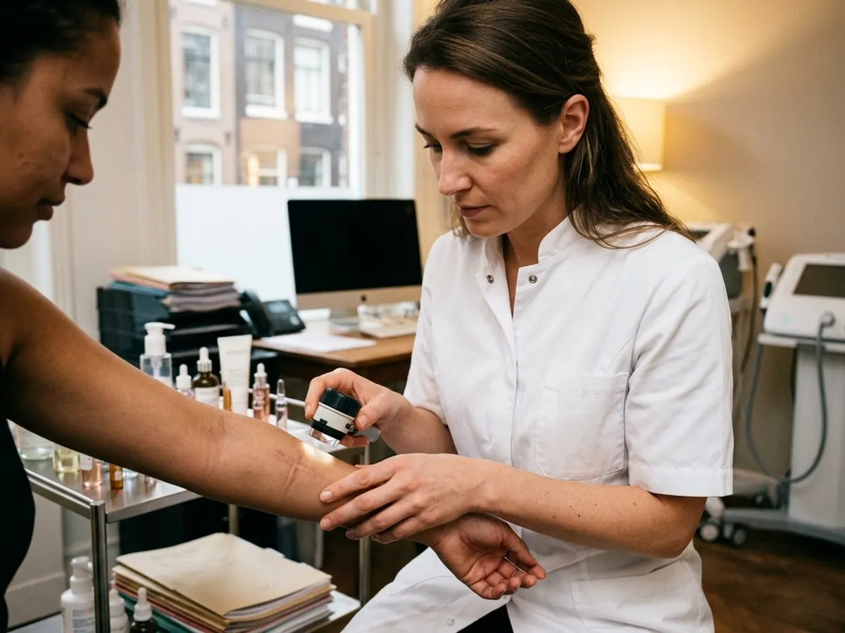 Huidtherapeut voert een nauwkeurige inspectie en huidanalyse uit voor littekentherapie